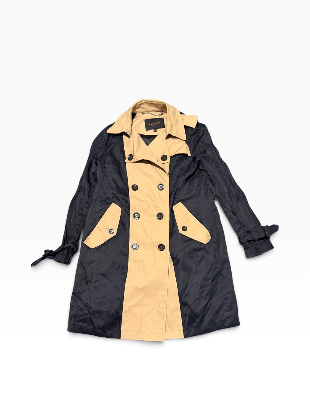 Coach Two-Tone Trench Coat in Black & Tan,SZ small, pre-owned
